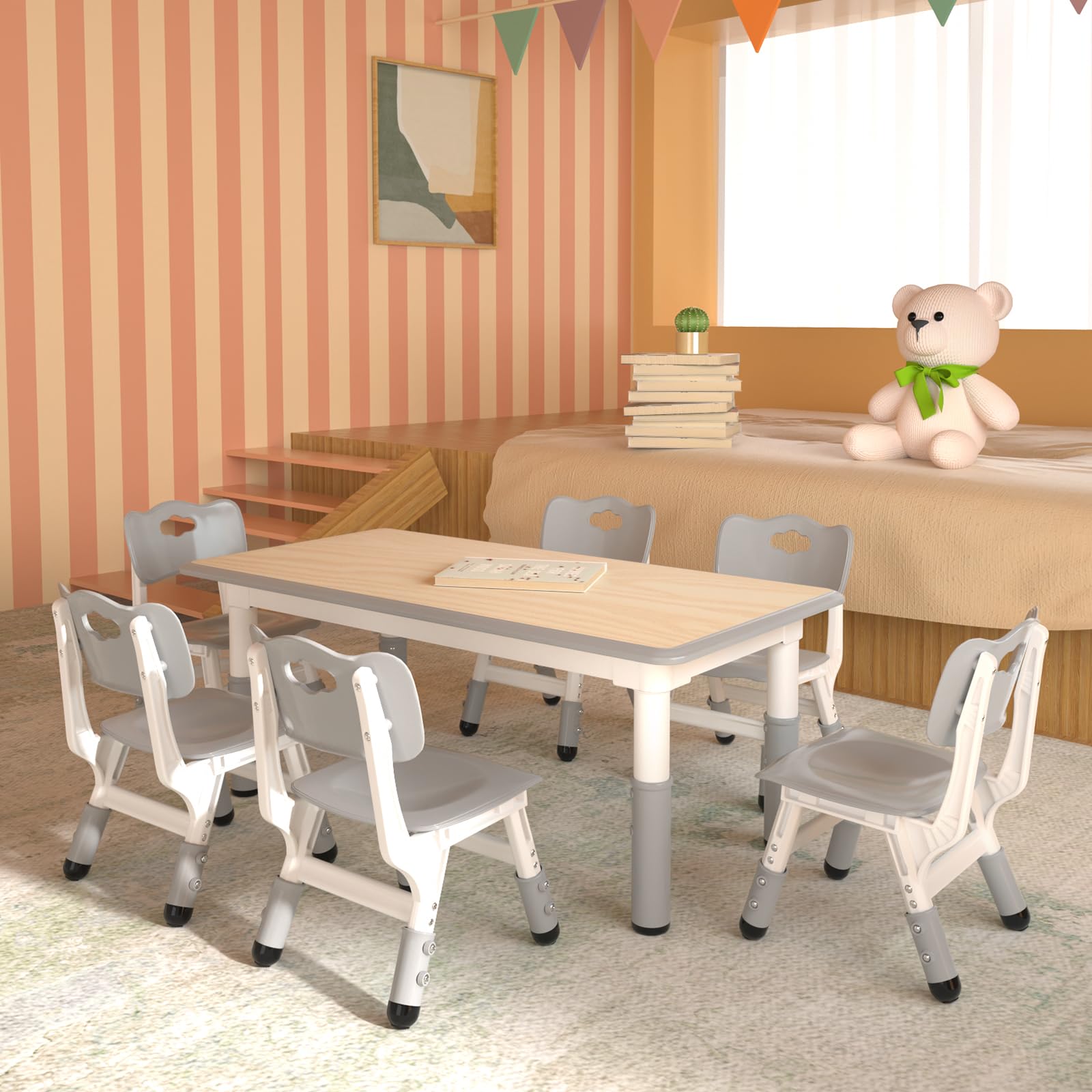 Juego de mesa y 6 sillas para niños, mesa y silla para niños de altura ajustable, mesa de estudio multiactividad para niños pequeños con escritorio de 47.2 x 23.6 pulgadas, para aulas 6