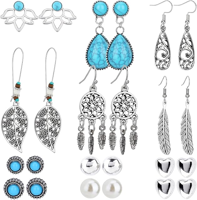 Greoer 12 Pairs Bohemian Earrings Retro Boho Drop Earrings Dangly Boho Earrings Turquoise Vintage Dangle Earrings Bohemian Earrings for Women