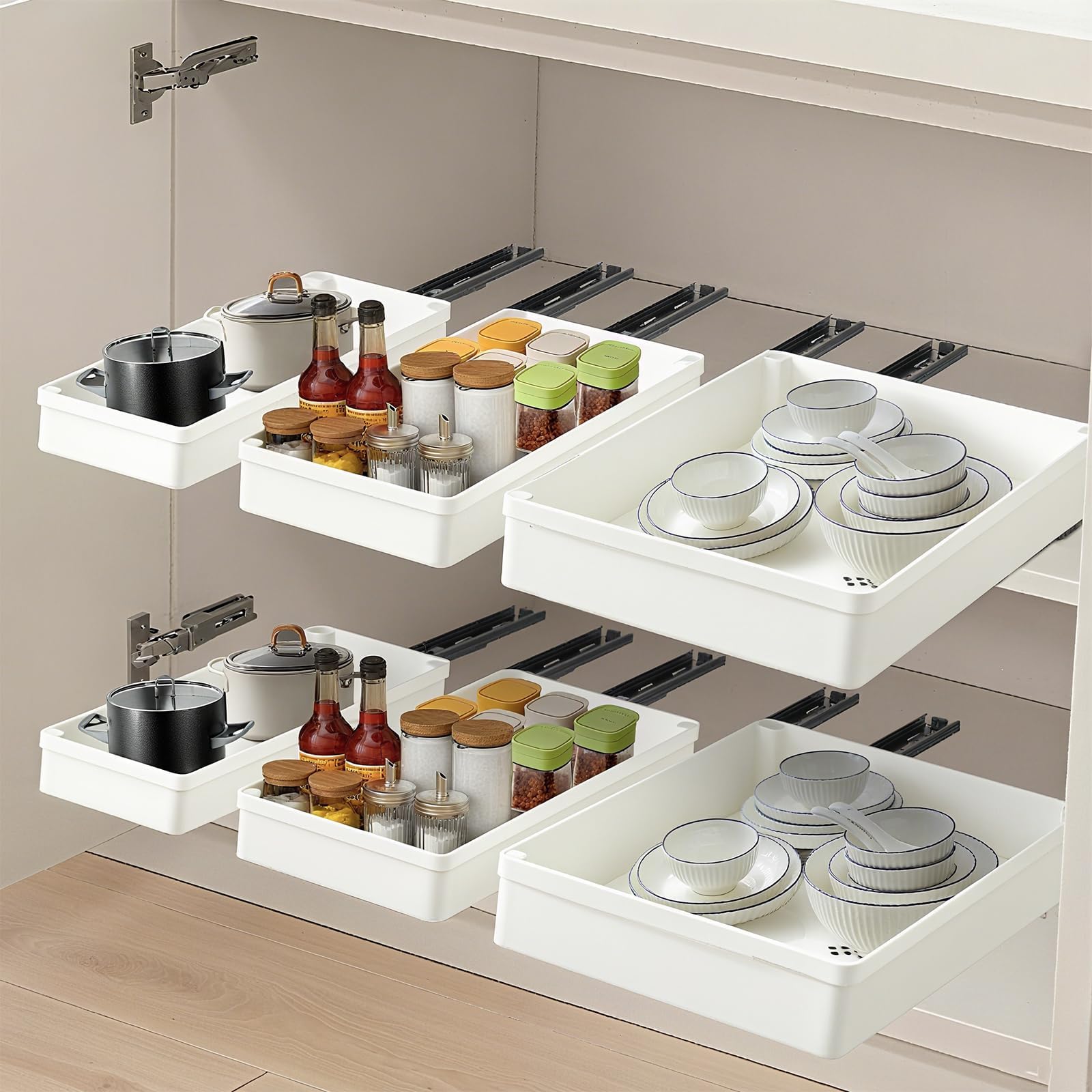 CROWNSHOP Pull Out Cabinet Organiser 3PCS Kitchen Cupboard Organiser Adjustable Pull Out Kitchen Storage No Drilling and Nailing Required White (White 3Pack)