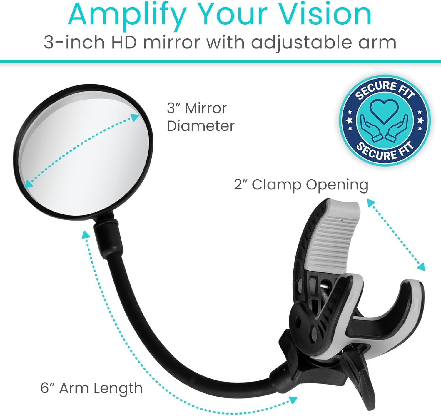 Vive Rear-View Side Mirror - Designed for Scooters, Bikes, Motor Vehicles, Bicycles, Handlebars - Clamp On Scratch Resistant Glass - 360 Rotatable, Adjustable, Universal Fit, Wide Angle Safety Support - Image 2