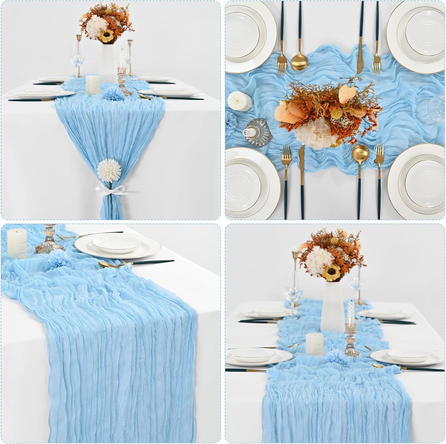 10 Pack Baby Blue Cheesecloth Table Runner 5.91FT, Gauze Table Runner for Wedding Reception Sheer Bridal Shower Birthday Party Boho Table Decoration, Rustic Romantic Wedding Runner