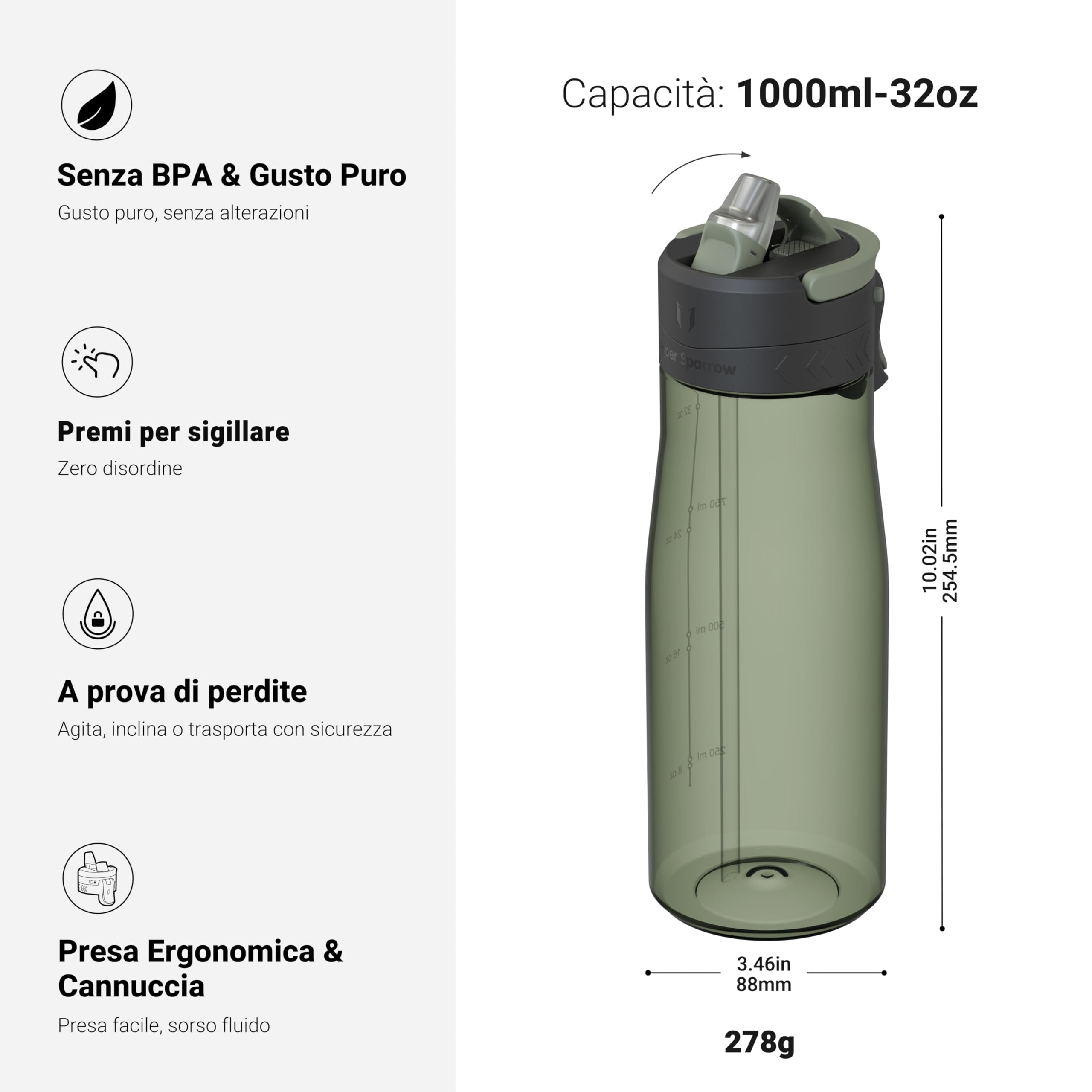Sparrow Borraccia - 500ml, 750ml, 1L - TouchFlow Bottiglia Senza BPA - Senza Perdite Borraccia Cannuccia - Borracce Sportiva Flusso Rapido Con Un Clic per Scuola, All'aperto