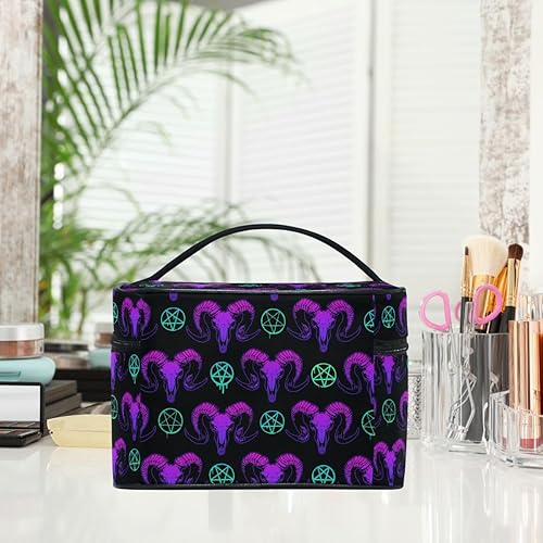 Miniatura 4 de Bolsa de maquillaje, bolsa organizadora de maquillaje de viaje con estampado de leopardo rosa, neceser para niñas, mujeres y mujeres, Calaveras 338