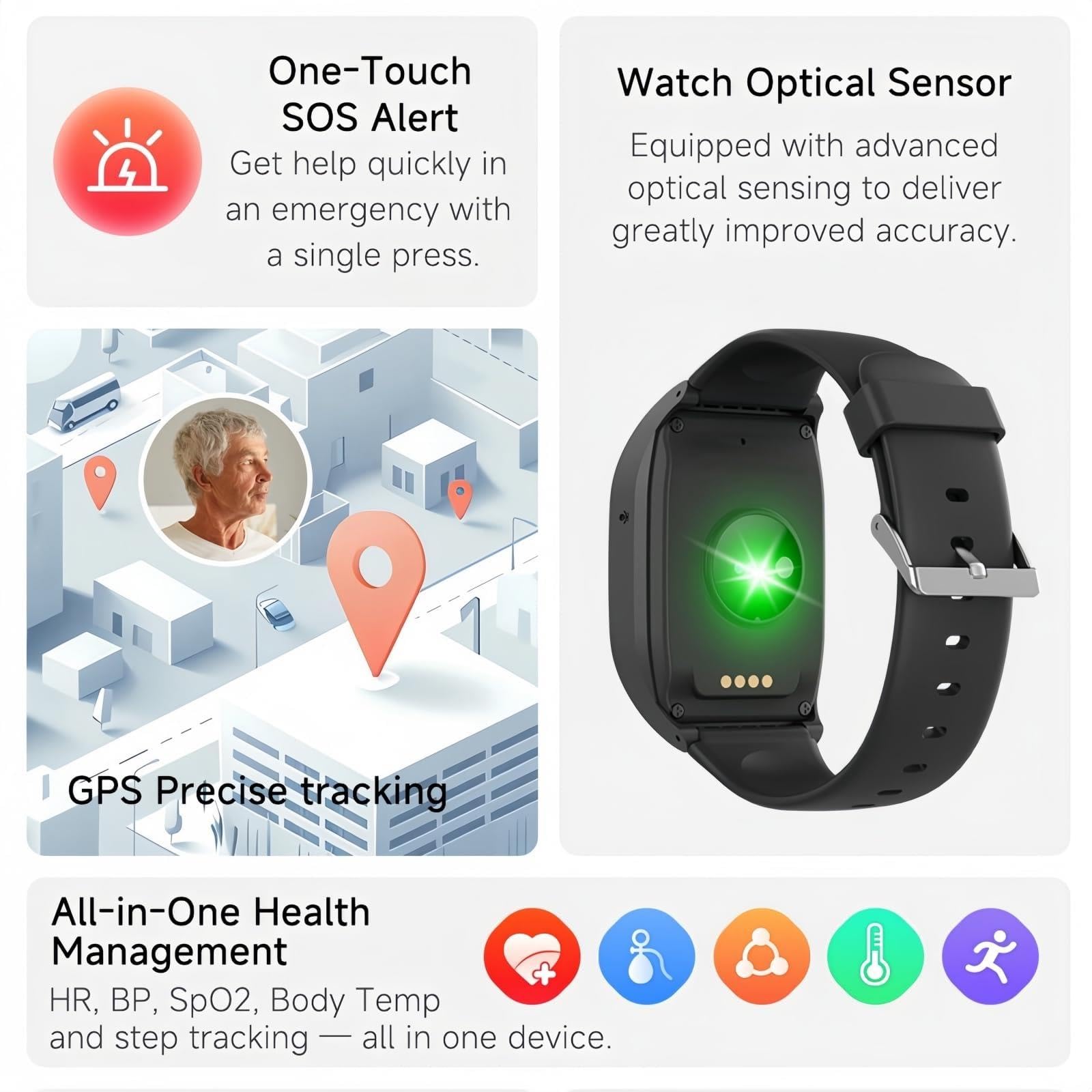 X&Z-XAOY Montre Connectée De Sécurité Bracelet avec Alerte De Chute Montre D'appel d'urgence en Un Clic pour Seniors Et Personnes Âgées