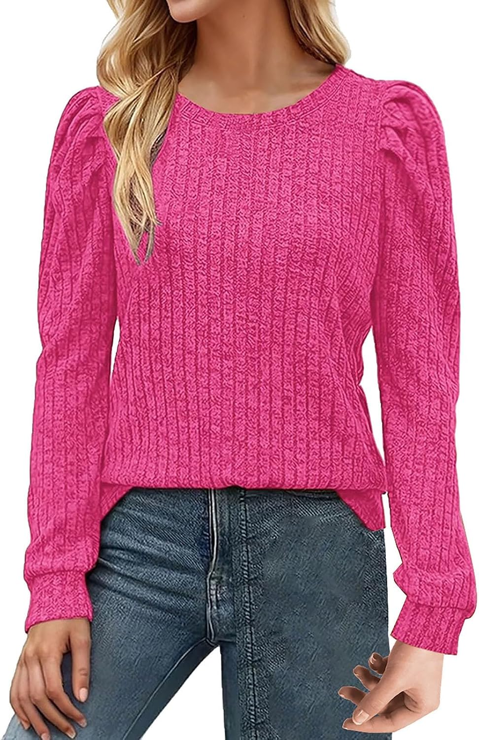 Women's Knit Pullover Sweater Soft Puff Long Sleeve Shirt Tops Lightweight Round Neck Blouse