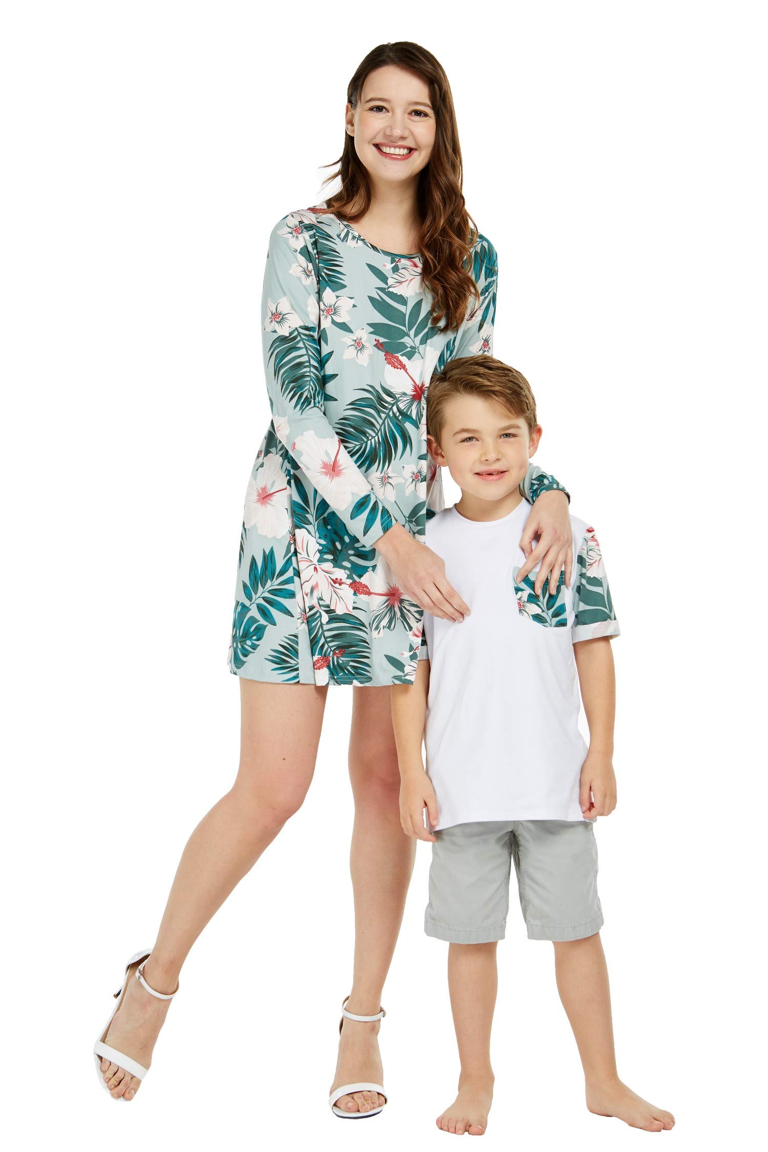 Matching Hawaiian Luau Mother Son Long Sleeve Flare Dress and Boy Hawaiian Tshirt in Mint Forest