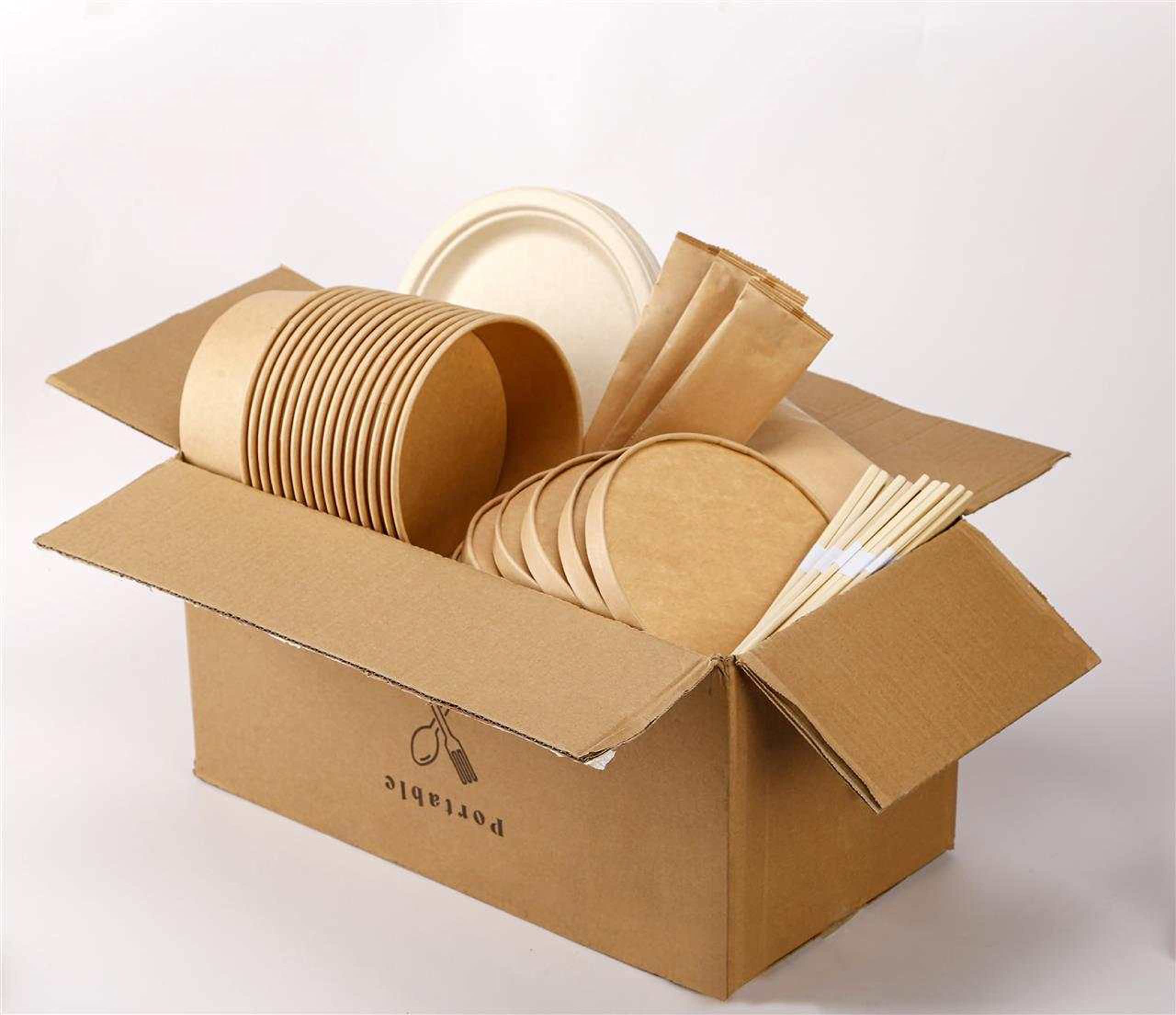 COOLBABY Paper Bowl With Lid, Disposable Salad/Soup Bowls, Cutlery Set, Sushi Stick, Heavy-Duty Biodegradable plates 105 Disposable Brown Round Salad/Soup, Cutlery set and Sushi Stick