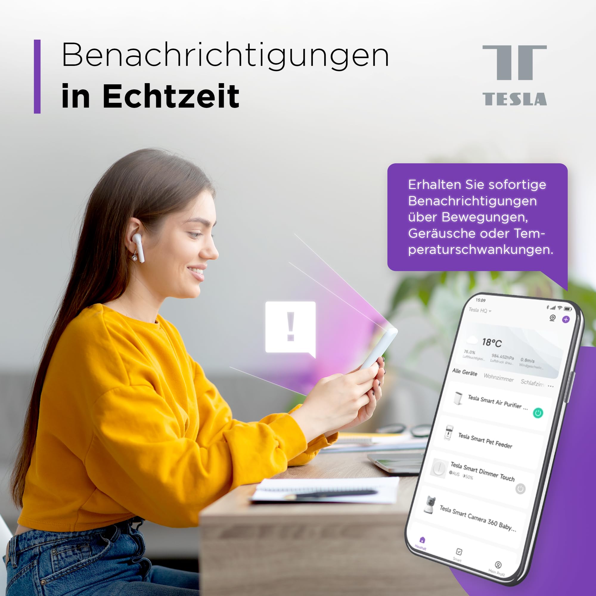 TESLA Smart Baby Camera B250, 2K 3MP, baby monitor con fotocamera e controllo app, rilevamento del movimento, visione notturna, audio bidirezionale, telecamera di sorveglianza WLAN interna