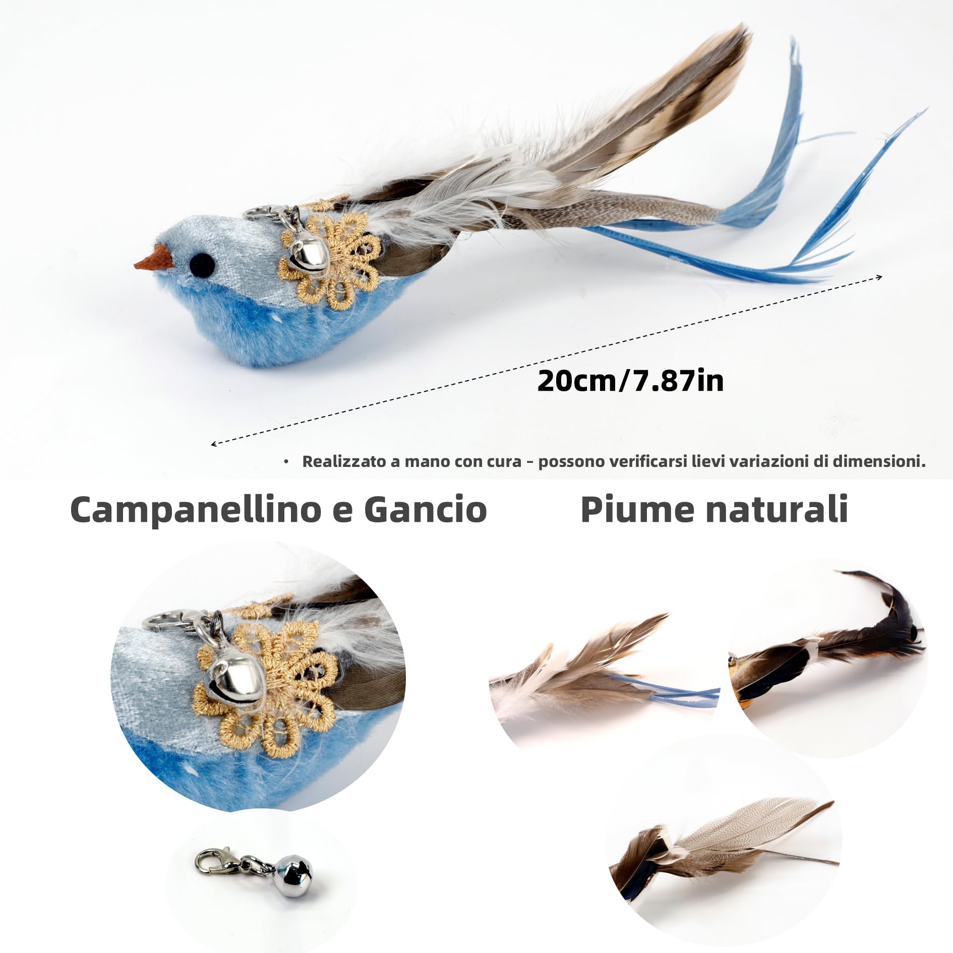 11 Pezzi Piume Uccelli Naturali per Bacchetta Gioco Gatto, Giocattolo Interattivo con Campanellini, Accessori e Testine di Ricambio per Gatti, Regalo per Cuccioli e Gattini