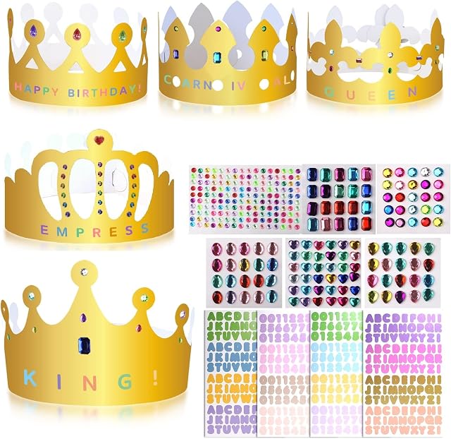 Party Hats, Golden Paper Crowns with Self-Adhesive Rhinestone Stickers and Number Letter Stickers, Princess Prince Crowns Hats for Boys Girls Adults Party