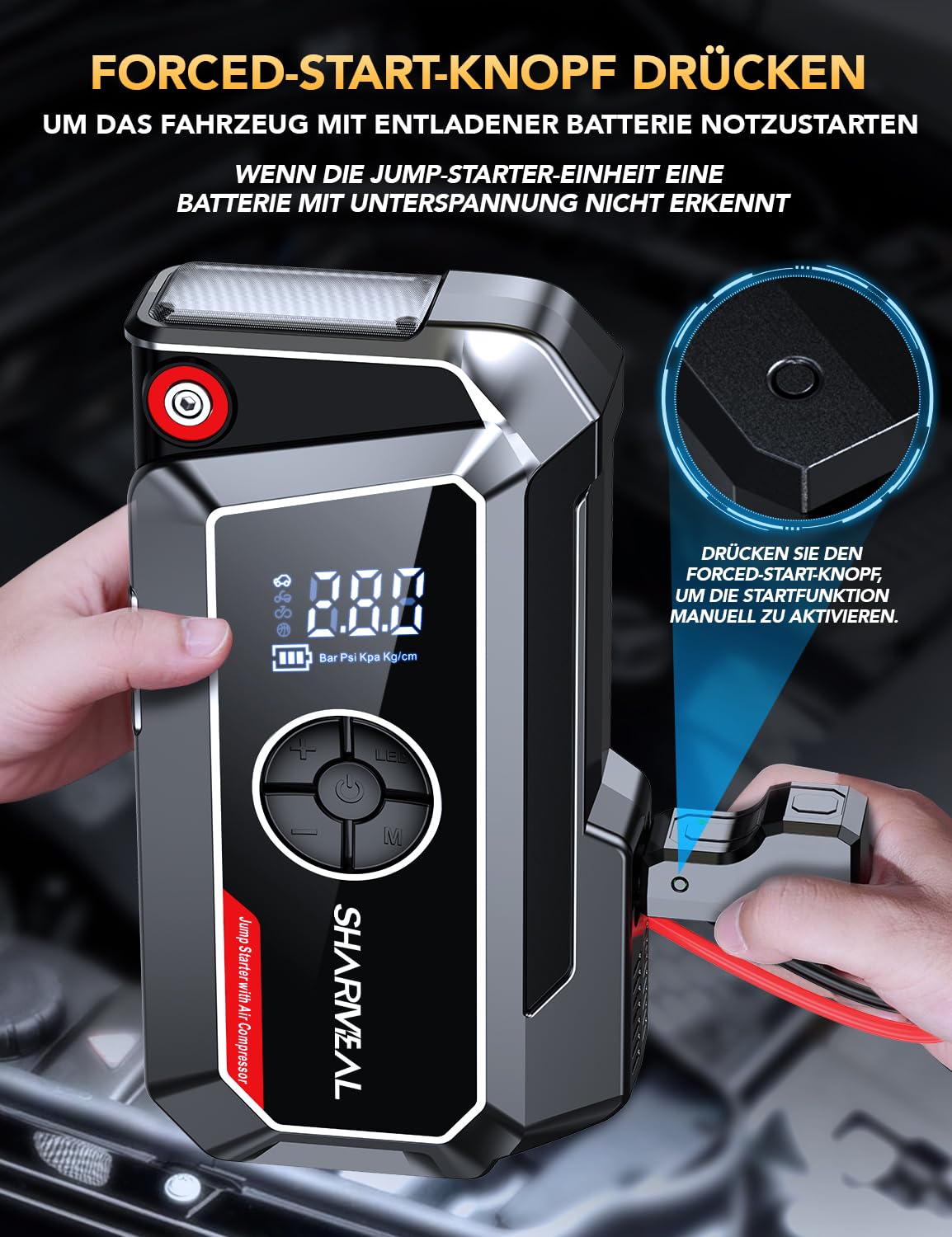 SHARMEAL Avviatore Batteria Auto con Compressore 250PSI, 10000A Booster Avviamento Auto (Tutti Gas/10.0L Diesel), Avviatore Emergenza Starter Batteria con Torcia a LED