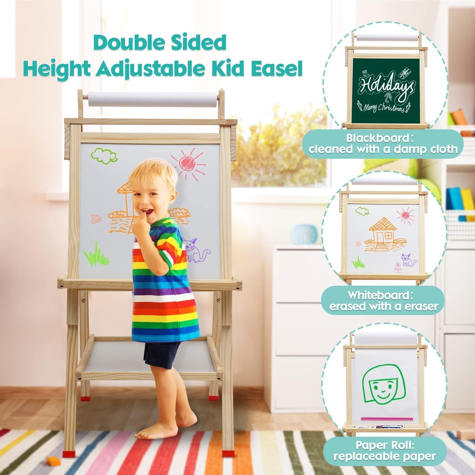 Lavagna in Legno per Bambini, Altezza Regolabile Cavalletto per Bambini con Rotolo di Carta, Lavagna Bianca su Due Lati, con Numeri e Altri Accessori per 3 + Anni Regalo