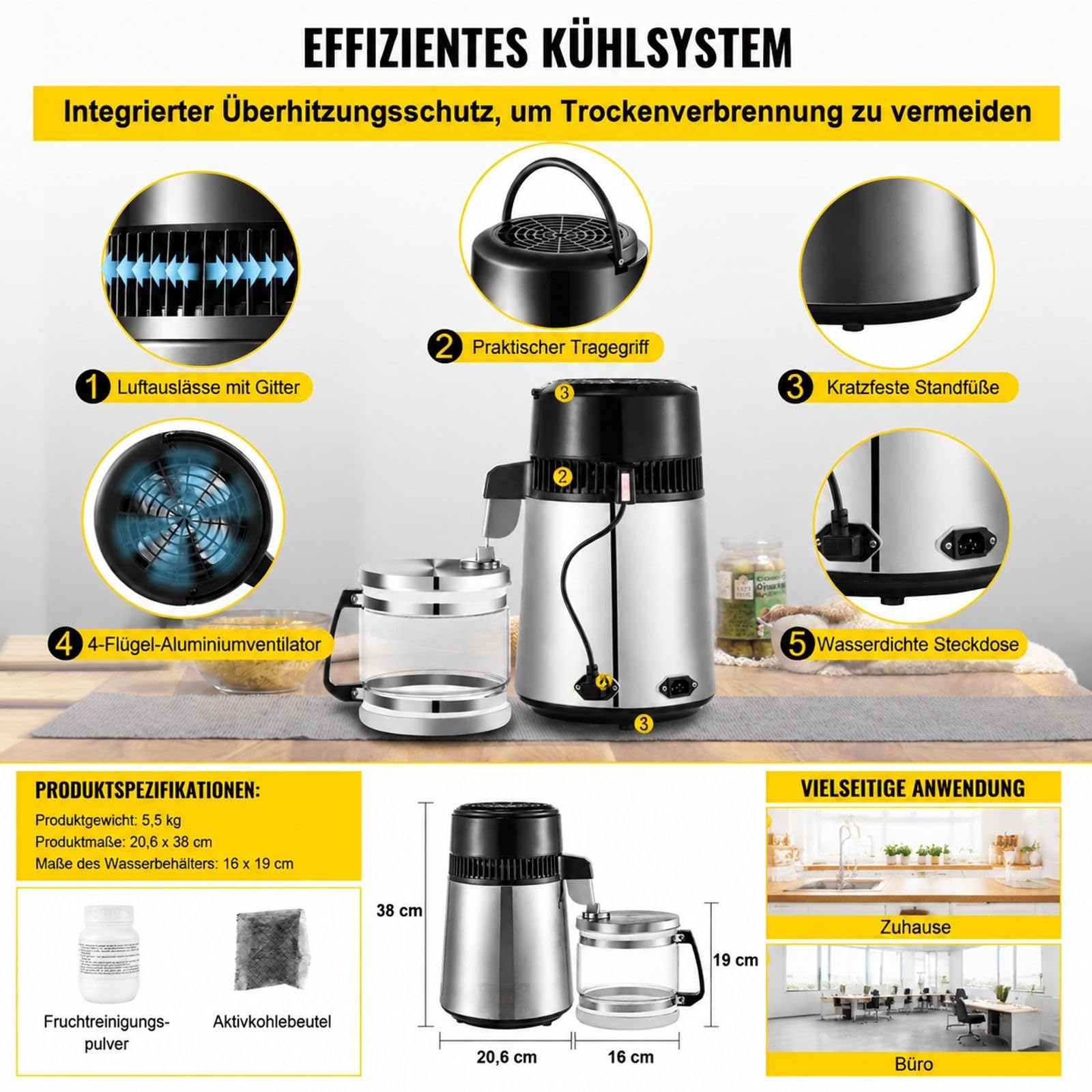Wasserdestilliergerät 4 L 750 W aus Edelstahl mit Glasflasche für Zuhause und Büro