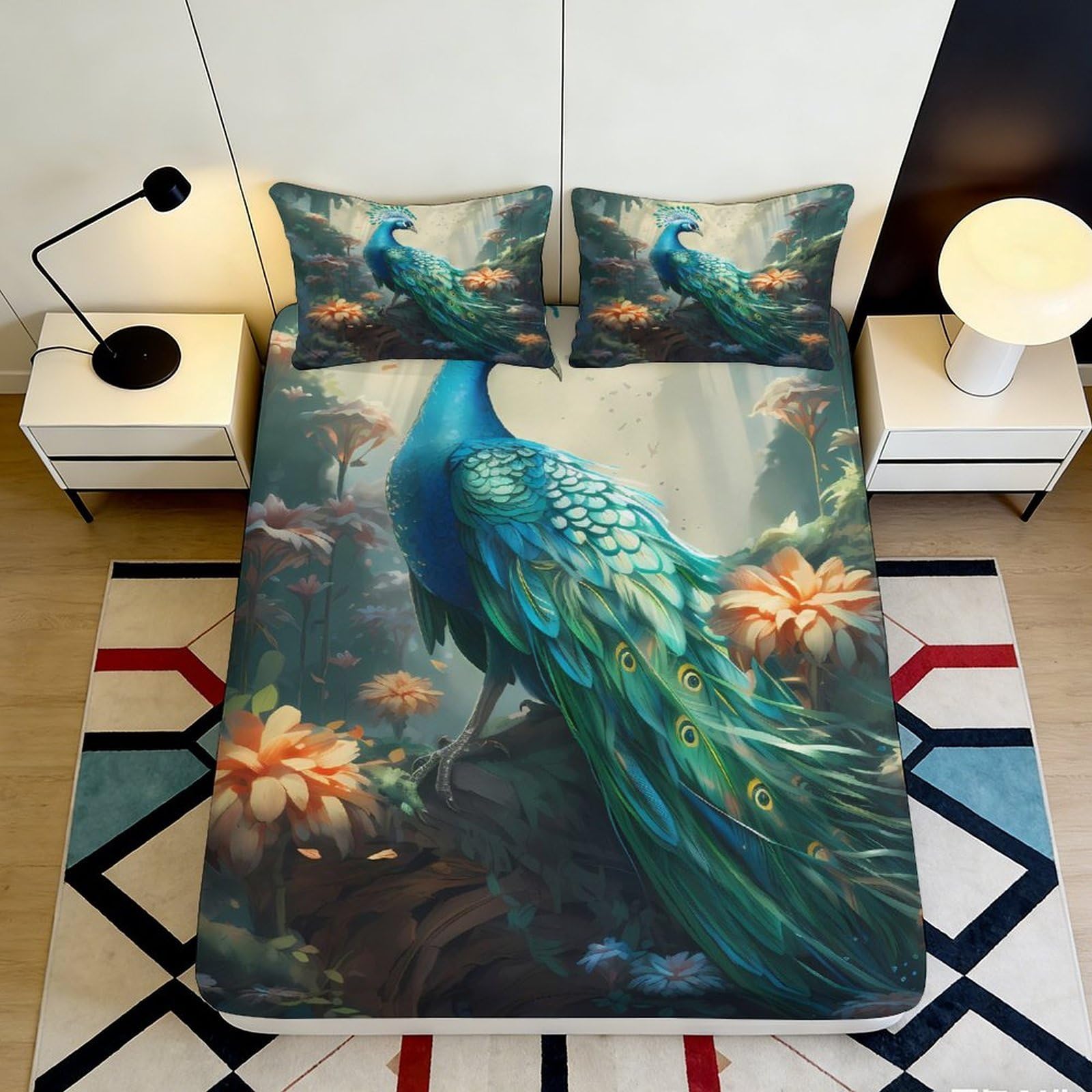 3D Printed Peacock Forest Fitted Sheet Microfiber Soft Breathable Mattress Cover for Bedroom Dorm Bed Protection Decor 90x200x25cm