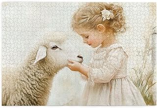Young Child Holding Hands with Baby Sheep 1000 Piece Adult Wooden Jigsaw Puzzle - Suitable for Home Decoration,Exercise Brain Power,Ideal for Hands-on Ability,Gifts for Friends,Family