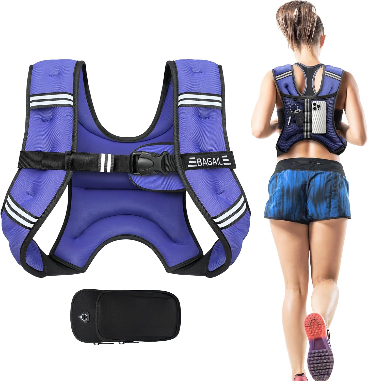 BAGAIL Weighted Vest, 5lbs/8lbs/10lbs/12lbs/15lbs/20lbs/25lbs/30lbs Weight Vest with Detachable Phone Pouch, Rucking Vest for Women, Men, Walking, Weight Loss, Training, Running 8 lb Purple