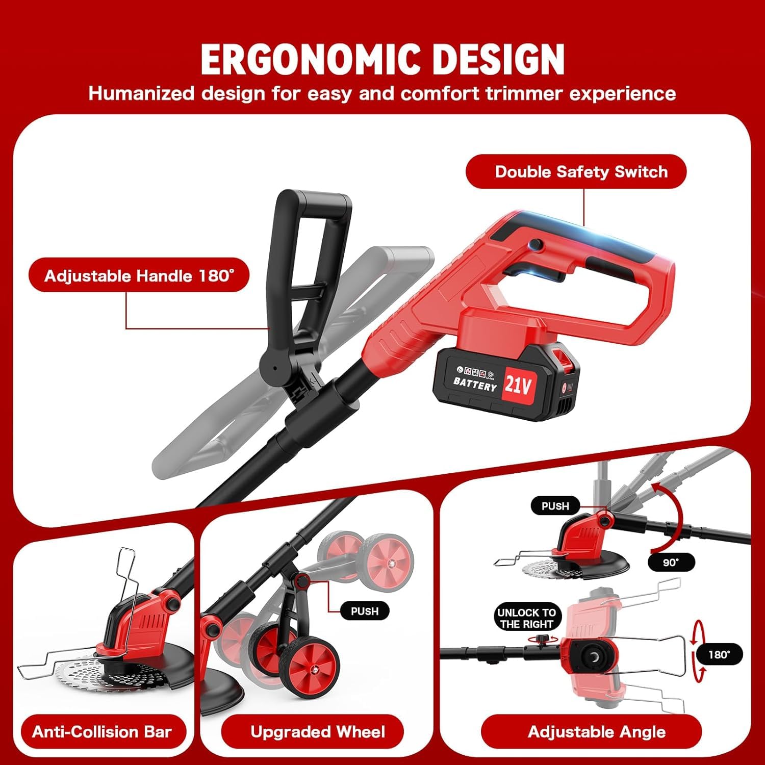 Decespugliatore elettrico senza fili con ruote, 30,5 cm, con 2 batterie da 3,0 Ah e caricabatterie, motore brushless, 4 in 1, telescopico, leggero, per prato, falciatura, bordatura, giardino