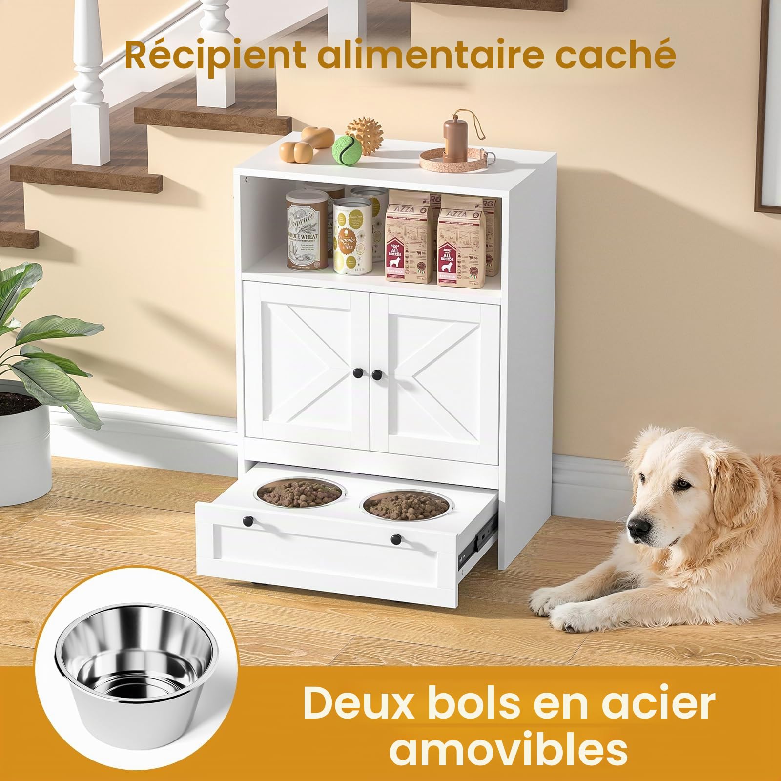 Meuble de Rangement pour Animaux de Compagnie avec 2 Gamelles en Acier Inoxydable, Armoire d’Alimentation 2 en 1 avec Grand Espace et Dispositif Antidumping, 60 x 35 x 82 cm