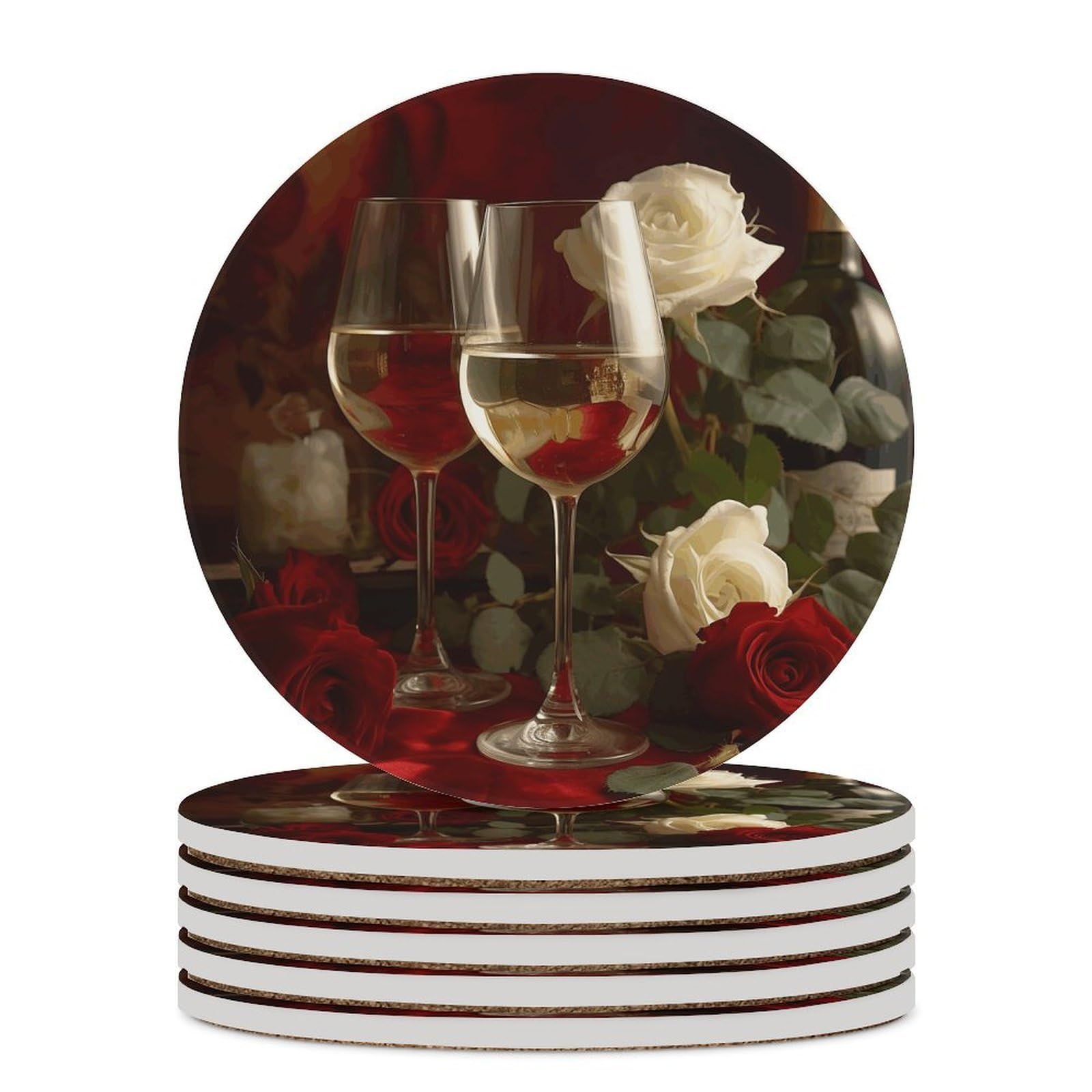 Khauerbc Style Roses On Table Drink Coasters With Holder For Coffee Table,Ceramic Coaster With Cork Base,Ceramic Stone Coaster For Iced Cold Or Hot Drinks,4.1 Inches