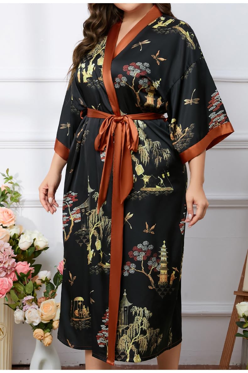 Genérico Bata de Satén de Lujo para Mujer,Estilo Albornoces Kimono con Estampado Floral Gris,Camisón de Novia y Dama de Honor con Cuello en V,Suave,Talla Grande,Largo.