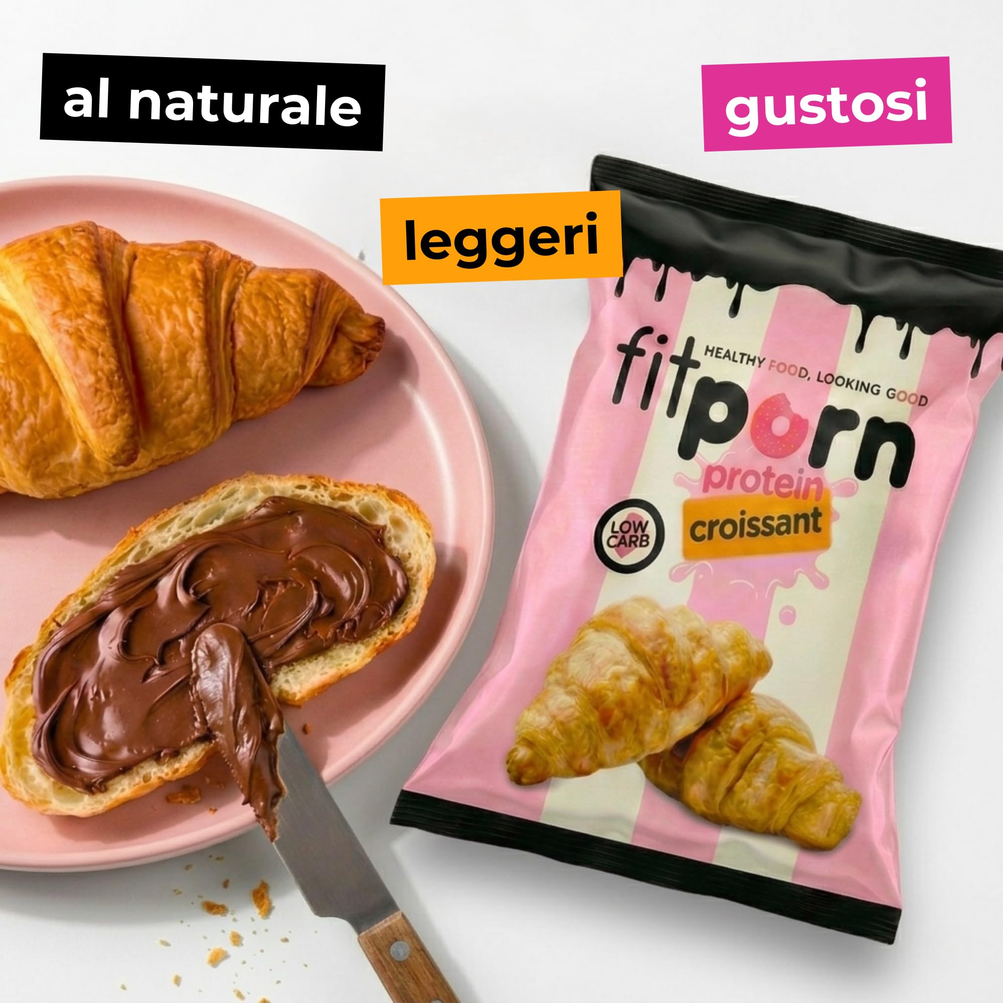 Fitporn - 25 Cornetti Proteici Low Carb al Naturale, Brioches Senza Zucchero Con 16% di Proteine, Ideali per Dieta Chetogenica, a Basso Indice Glicemico