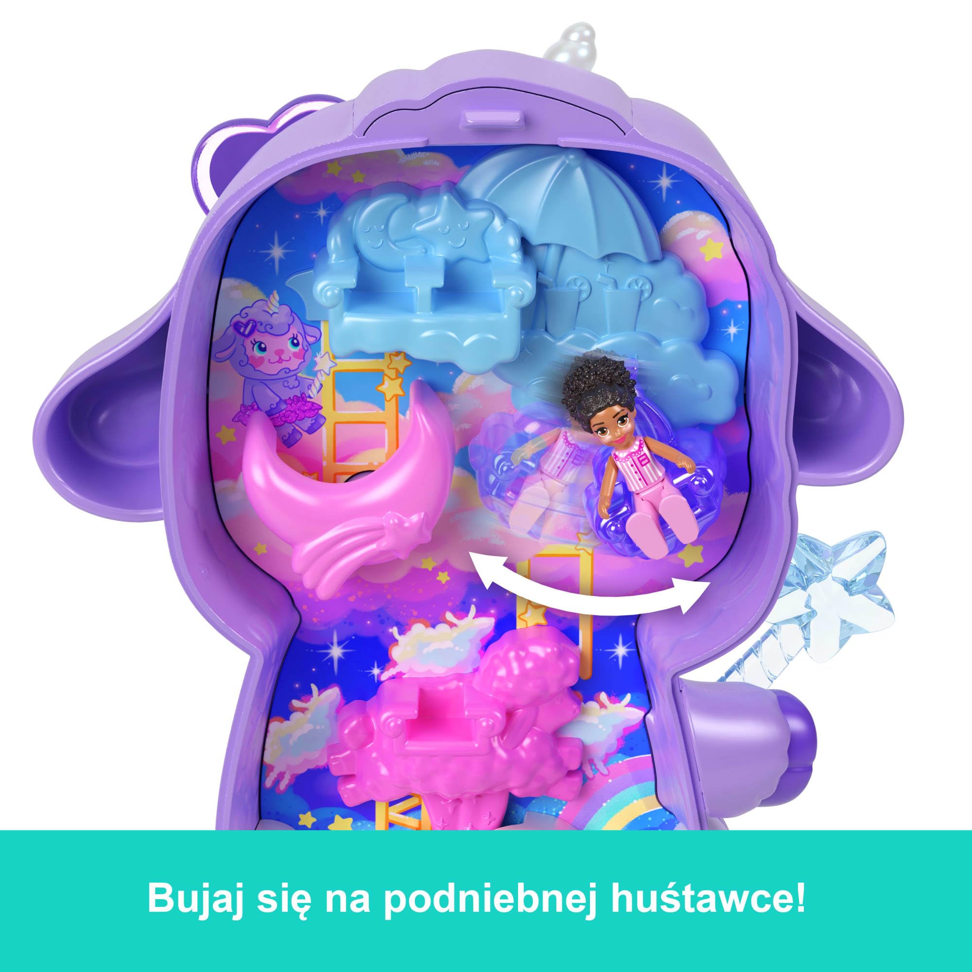 Polly Pocket Lalki i zestaw, kompakt Przytulna Kraina Snów | JCB15 zabawka podróżna, 1 mikro lalka, jednorożec, akcesoria