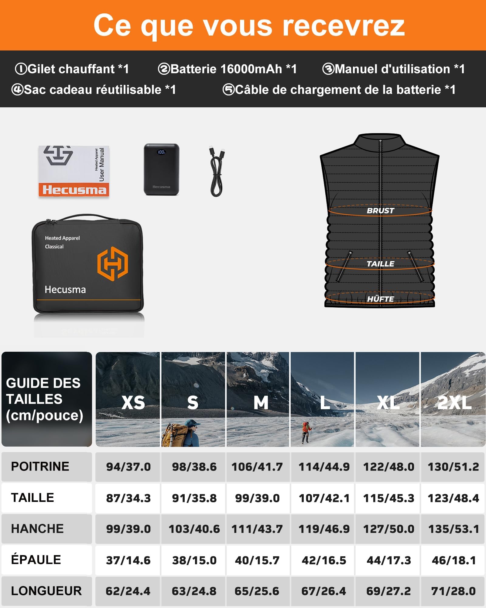 Gilet Chauffant Femme avec Batterie incluse 16000mAh 7.4V, Léger Gilet Chauffant Electrique, Veste Chauffante Femme pour Sports en Plein Air Hiver