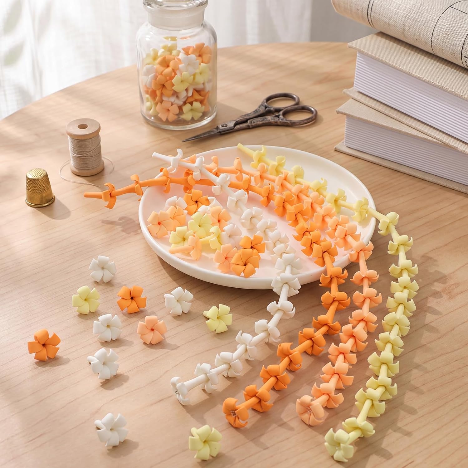 Thiccywoov 100 Pcs Puakenikeni Clay Flower Beads, Warm Pastel Palette