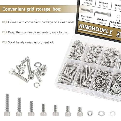 Miniatura 7 de 382 piezas M4 x 56 810 1216 0.787 in, tornillos de cabeza hexagonal, tuercas y arandelas, kit surtido de tornillos de acero inoxidable 304, rosca