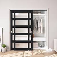 JUBEST 72x80 Black 5-Lite Frosted Glass Sliding Closet Bypass Door with Hardware Kit & Fascia - Easy Install Solid Wood