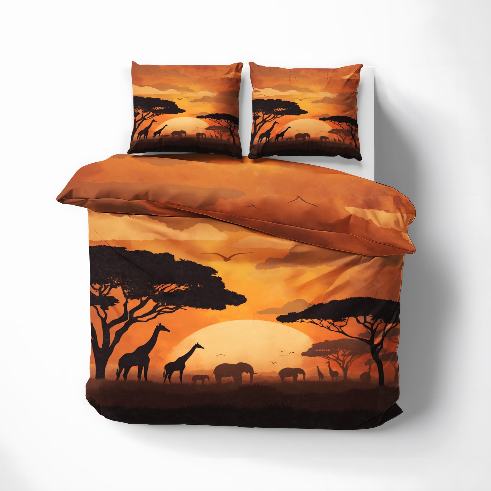 Venivici Afrika Bettwäsche 200x220 - Giraffe Elefant Sonnenuntergang Bettbezug 200x220 3 Teilig, Weiche & Angenehme Mikrofaser Bettbezüge & 2 Kissenbezug 80x80, Bettwäsche-Sets mit Reißverschluss