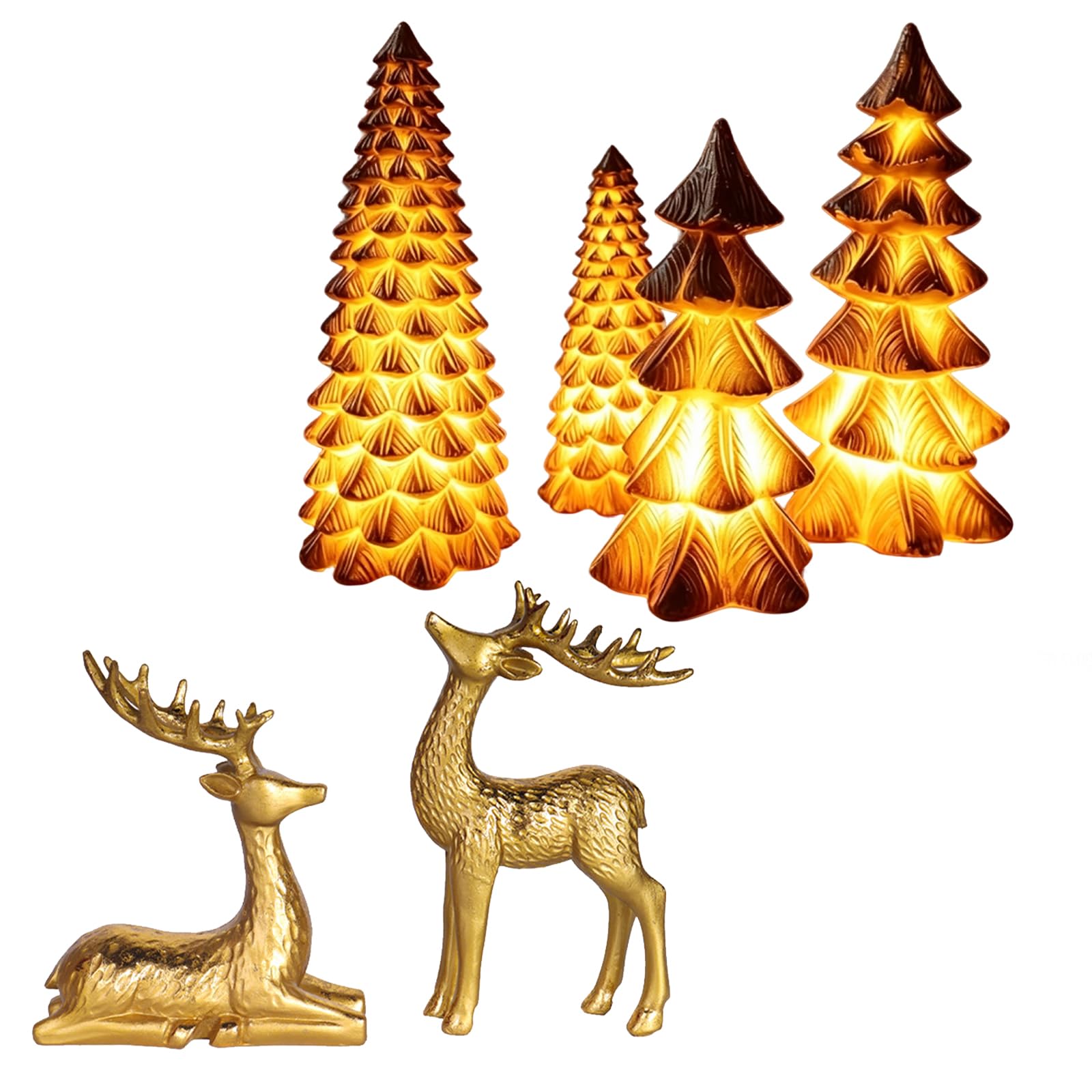 Lot de 6 décorations de Noël - 4 arbres de Noël dorés lumineux et 2 figurines de cerf dorés sans éclairage - Décoration de Noël moderne pour table à manger, salon, cuisine et rebord de