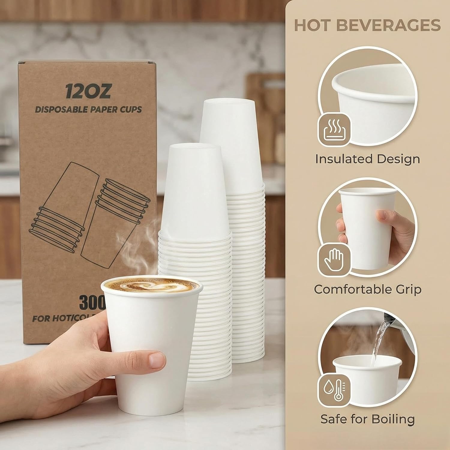 12 oz Disposable Paper Cups, 300 Pack - Heavy Duty White Hot/Cold Beverage Cups, Bulk Drinking Cups for Home, Office, Party, Travel