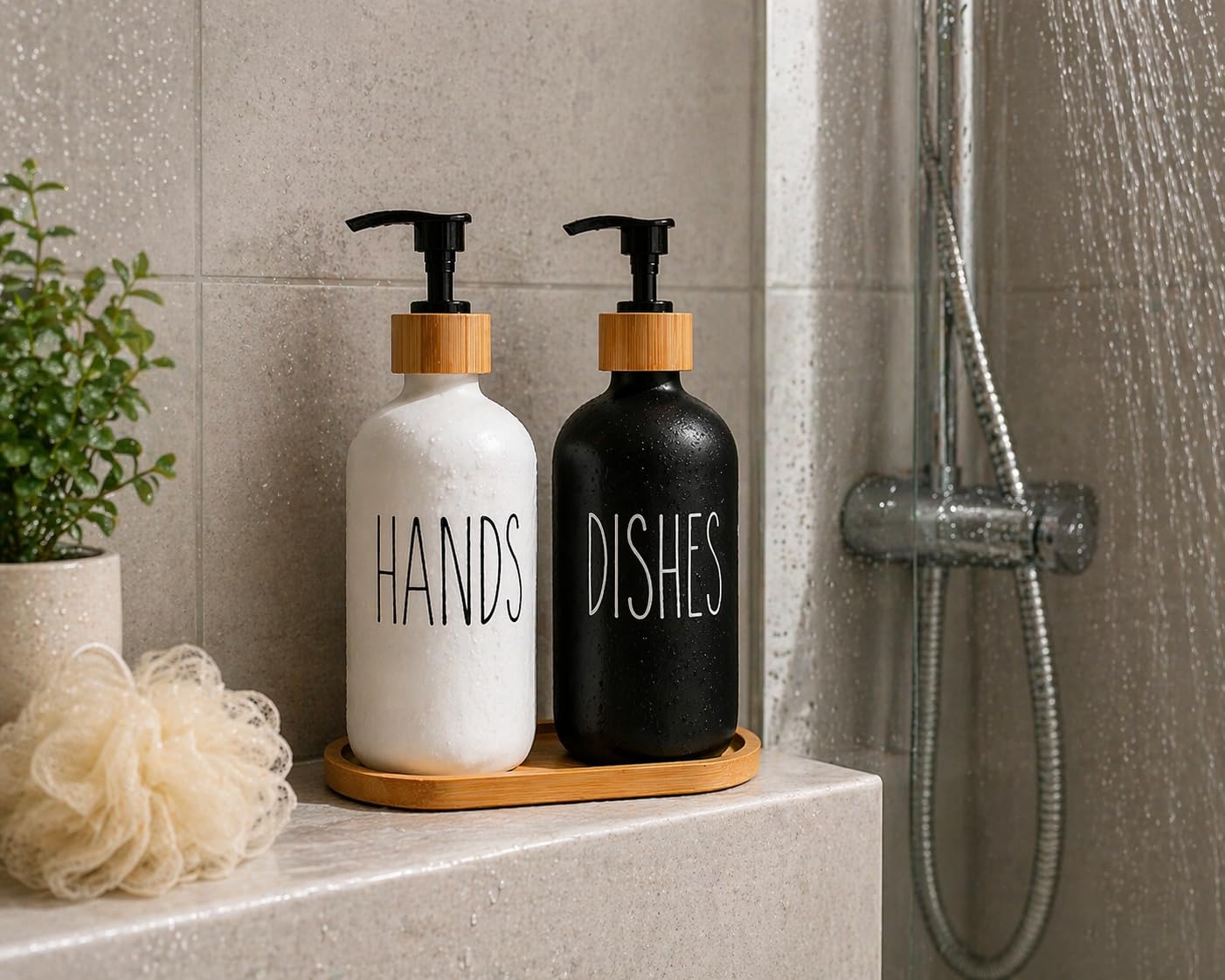 2’li Hands Dishes Siyah Beyaz Cam Sıvı Sabunluk Seti 500 ml, Bambu Standlı Dekoratif Mutfak & Banyo Sabunluk Dispenser Seti Şık Modern Tasarım
