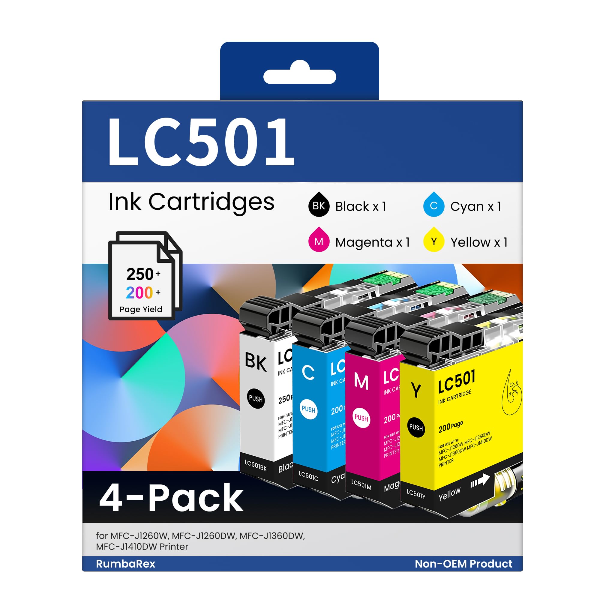 Photo 1 of LC501 Ink Cartridges 4-Pack LC501BK LC501C LC501M LC501Y LC 501 LC5014PK Replacement for Brother LC501 LC501XL Ink Cartridges for MFC-J1260DW MFC-J1360DW MFC-J1410DW Printer Ink Standard Yield