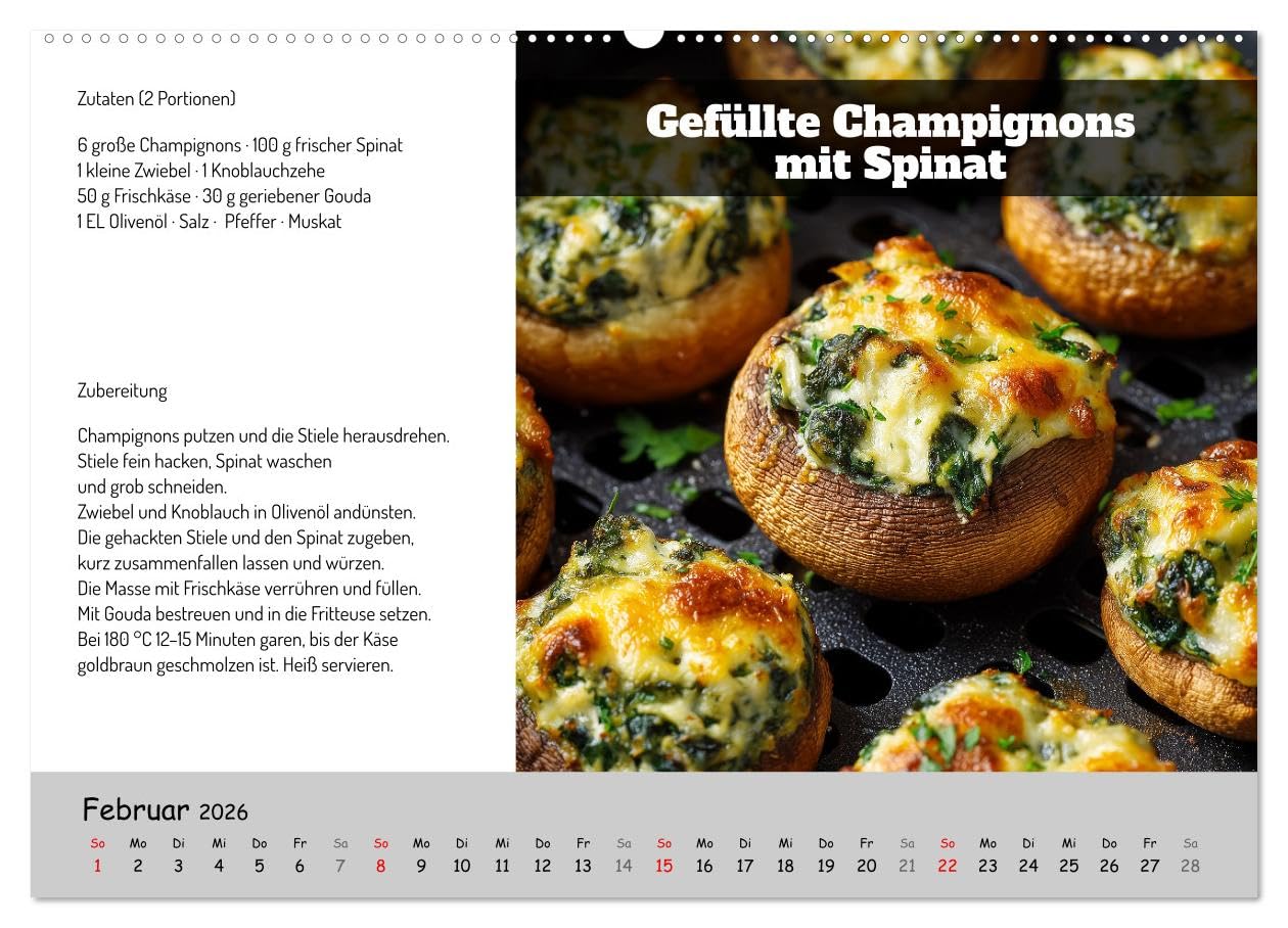 Rezepte für die Heißluftfritteuse - vegetarisch, schnell und einfach (Wandkalender 2026 DIN A2 quer), CALVENDO Monatskalender: Kochen mit der ... Küche im Kochbuch-Stil (CALVENDO Lifestyle)