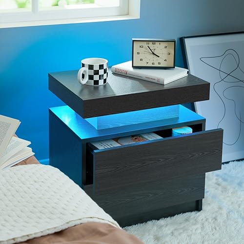 Miniatura 29 de Generic Juego de 2 Mesita de noche con 2 cajones, mesa de noche con cajones para muebles de dormitorio, mesa auxiliar con luz LED Blanco,Negro