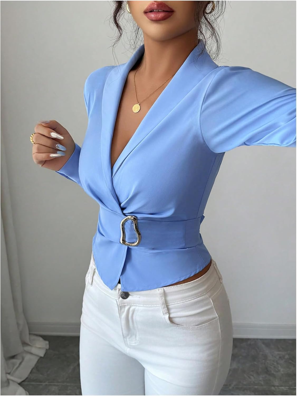 Floerns Women's Elegant Bowknot Long Sleeve Shirts Wrap V Neck Business Casual Blouse Tops - Image 4