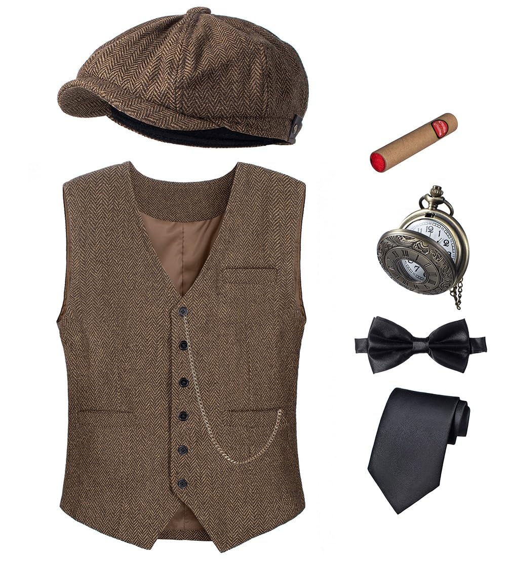 TOGROP 1920s Mens Costume Vest Hat Pocket Watch Accessories Set Adult Party Cosplay