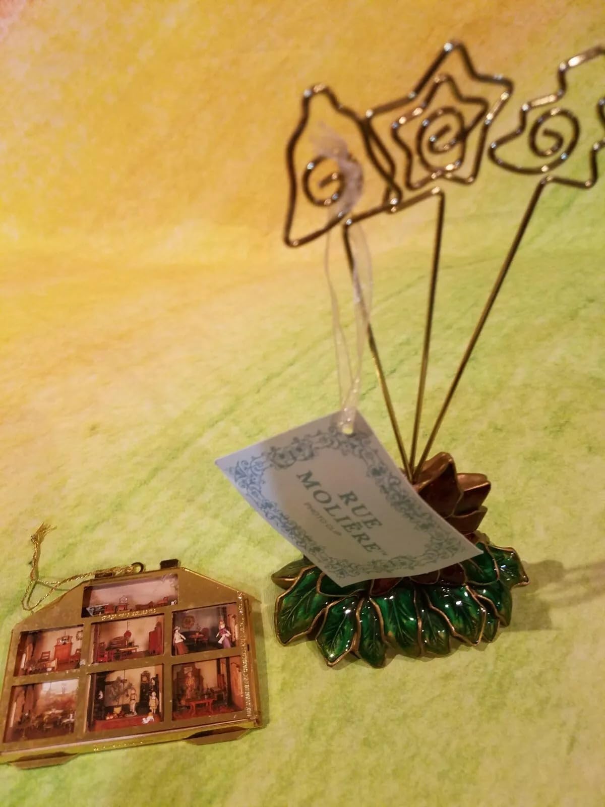 Enameled Wire Photo Holder Rue Moliere Red and green studded leaves & House