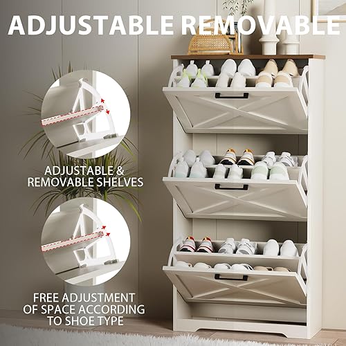 Miniatura 4 de Zapatero para entrada con 3 cajones abatibles, 3 niveles independientes, gabinete organizador de zapatos delgado y estrecho para entrada, pasillo,