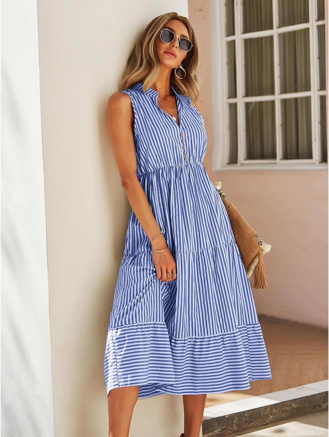 BROVAVE Womens 2026 Summer Sleeveless Shirt Dress Collar Striped V Neck Casual Midi Dresses - Image 2