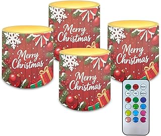 Poceacles 4 Pack Flameless LED Candles Christmas Flickering LED Pillar Candles Battery Operated, Timer Multi-Color Options Tea Lights for Party Dinner Event Decor, Merry Christmas Wood Grain Red