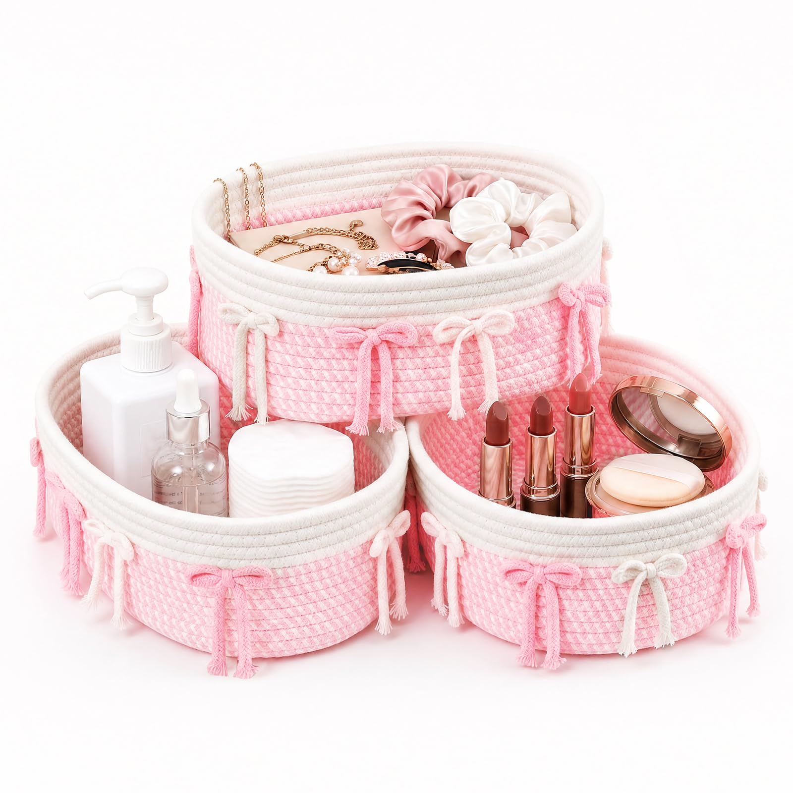 Aufbewahrungskorb Geflochten Baumwollseil Körbchen Rosa Weiss Mit Schleife Deko Organizer Korb Klein Für Wickeltisch Bad Babyzimmer Regal Hübscher Geschenkkorb Leer Für Kosmetik Spielzeug(3pcs)