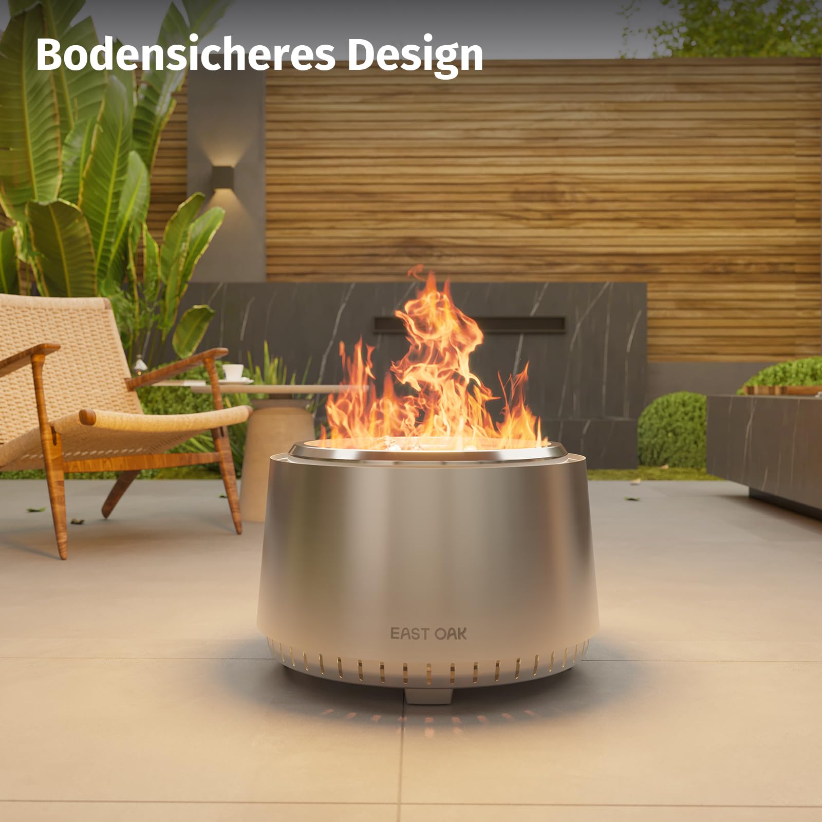 East Oak Feuerschale für den Garten 53 cm, Rauchfreie Feuerschalen Outdoor, Feuerkorb, Feuerstelle für Holz, Abnehmbare Ascheplatte, mit Tragetasche, Silber