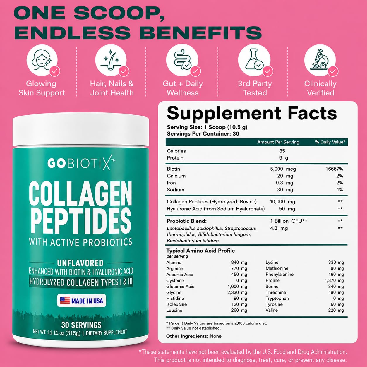 GOBIOTIX Collagen Peptides Powder with Probiotics, Biotin & Hyaluronic Acid - Hydrolyzed Collagen Supplement for Women - Hair Skin Nails, Joint & Digestive Health - Type I & III - 30 Servings — Amazon image 7