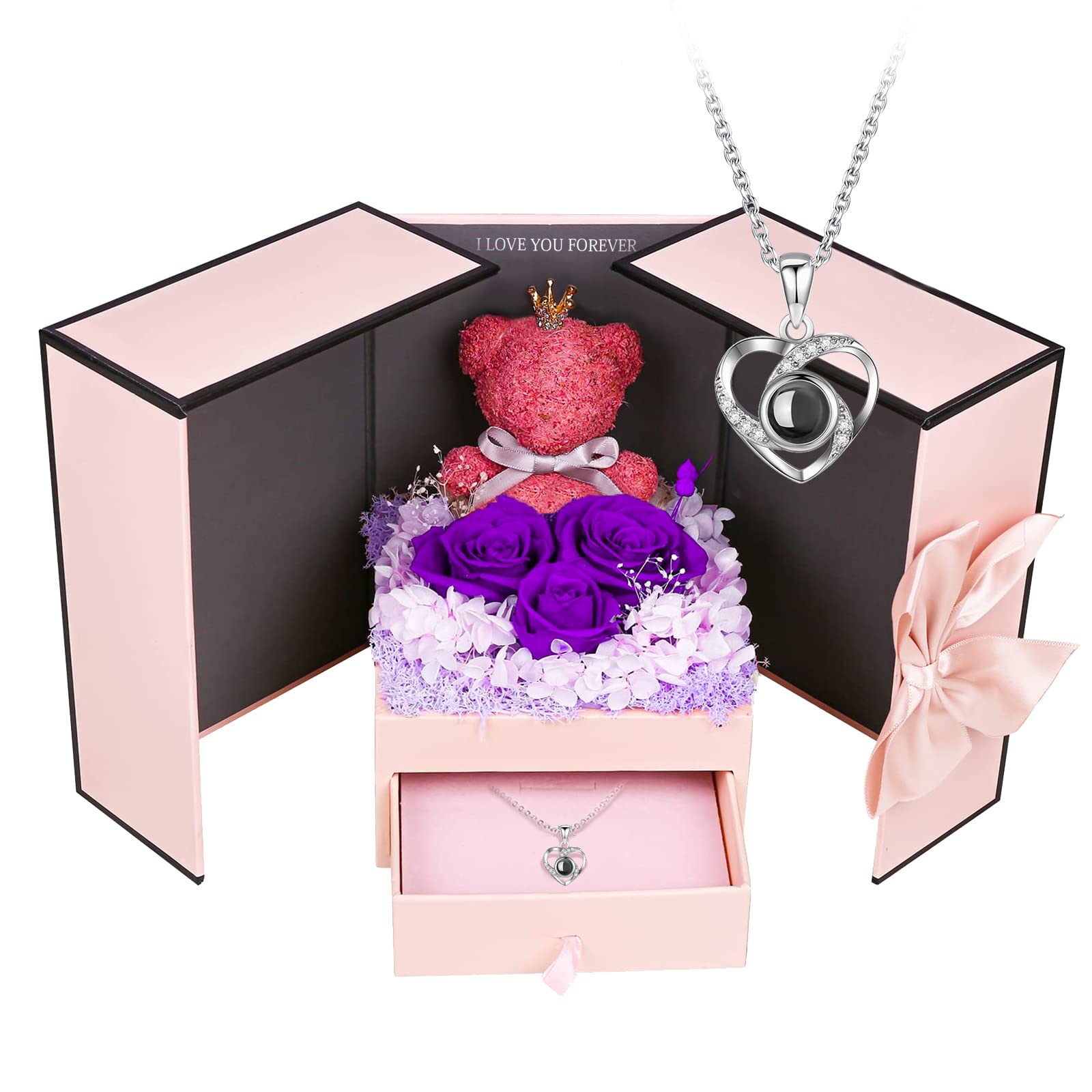 ASELFAD Purple Roses Forever Flowers Gift Box, Gifts for Mom, Wife, Girlfriend, I Love You Gifts for Her on Mothers Day, Valentines Day, Christmas, Anniversary or Birthday Gifts for Women