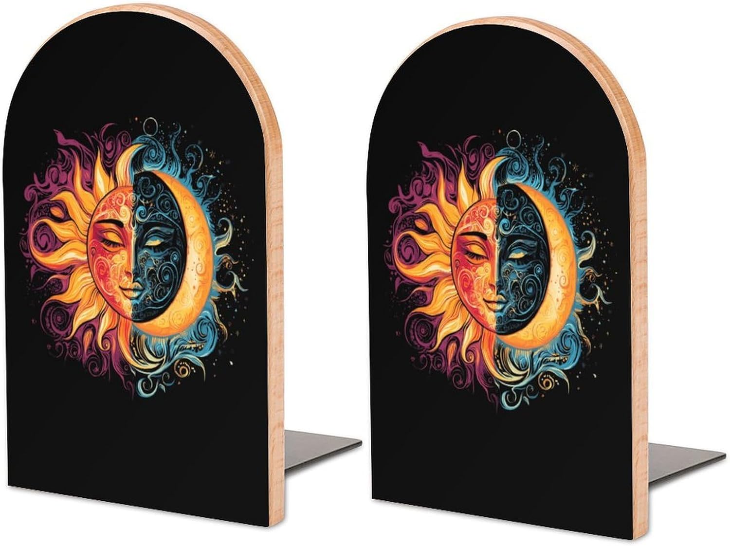 Sun and Moon Cute Wood Book Ends Decorative Bookends 1 Pair Non-Skid for Shelves Home Office 7 X 5 Inch
