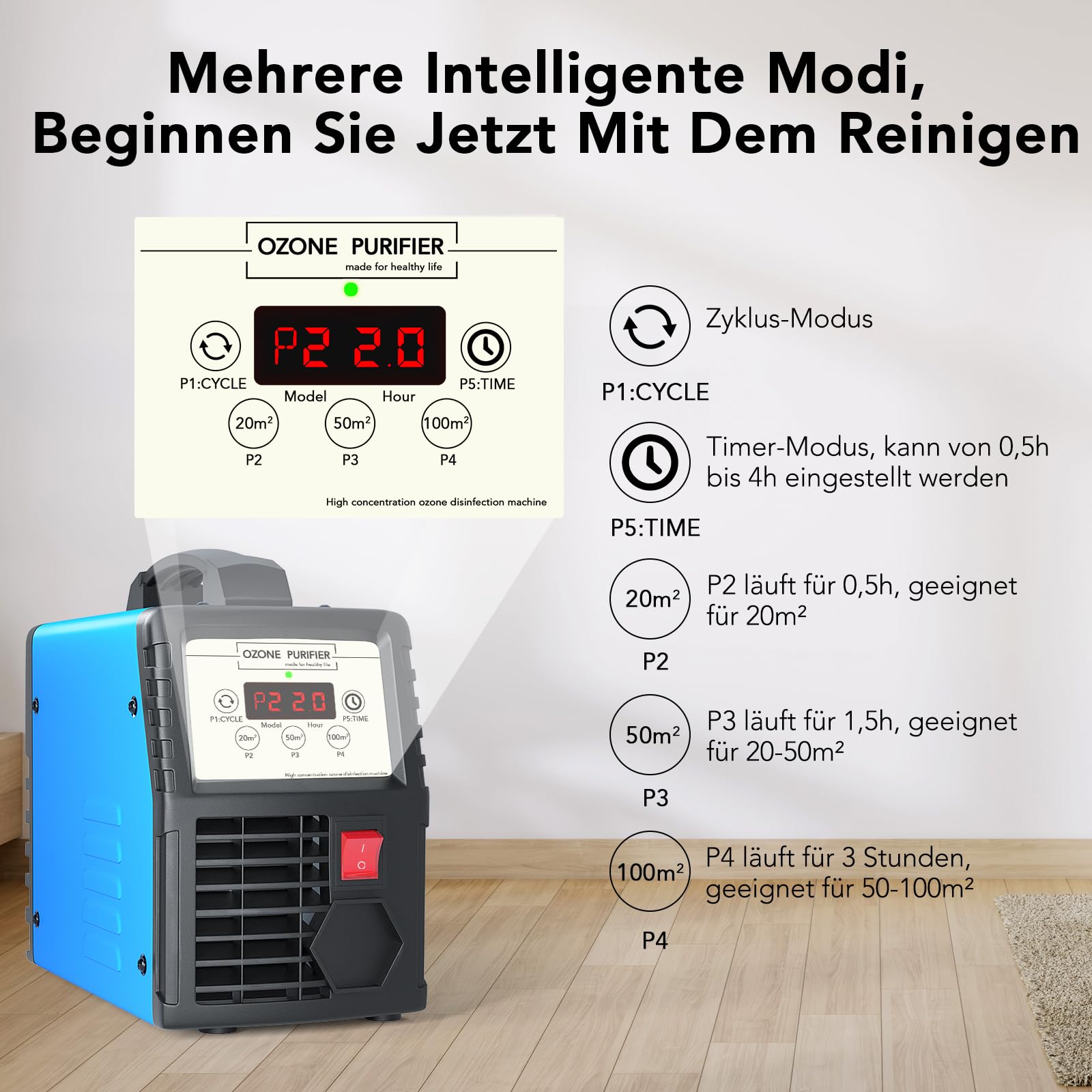 Ozongenerator, Luftreiniger Desodorierer für 300㎡, Ozongerät Geruchskiller mit Timer für Rauch, Zimmer, Garagen, Bauernhöfe, Hotels, Haustiergerüche, Küchengerüche