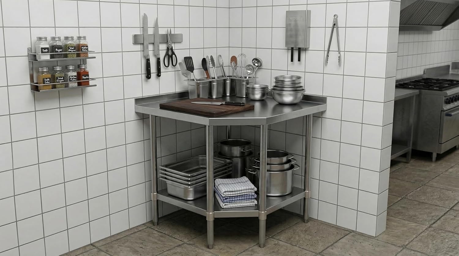 Stainless Steel Corner Work Table 24 in. x 24 in. x 35 in. with 1.5 in. Backsplash, Galvanized Undershelf, 5 Leg Support, Commercial Prep Table for Restaurant Kitchen Utility
